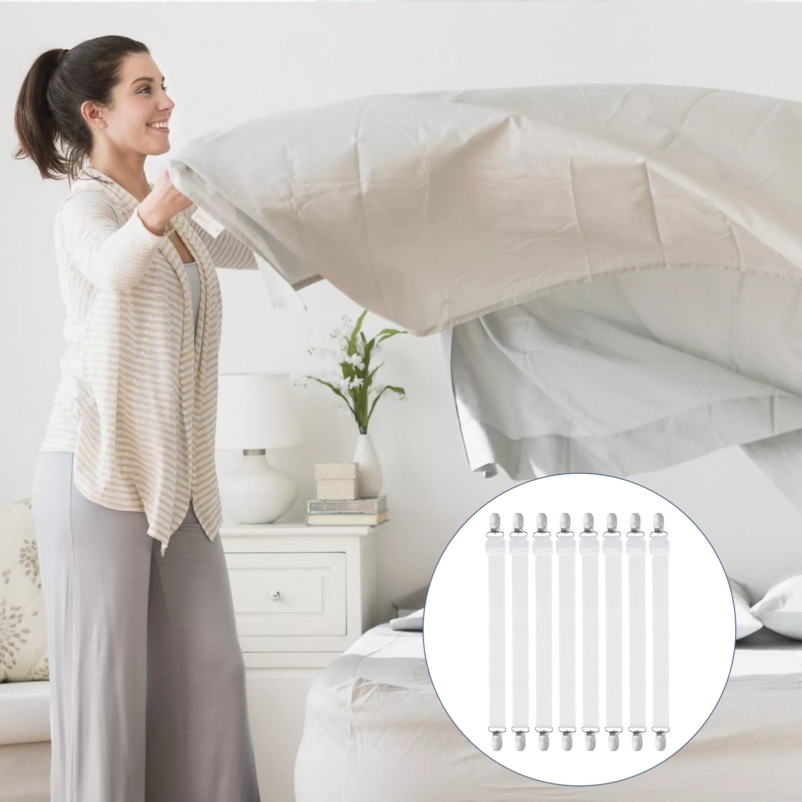 Carehabi 8 Piezas Sujetadores para Sábanas, Sujetadores de Hojas, Ajustables Elásticos Correas Cama Clips para Sábanas o Sofás, Blanco (Extender 30-120 cm)