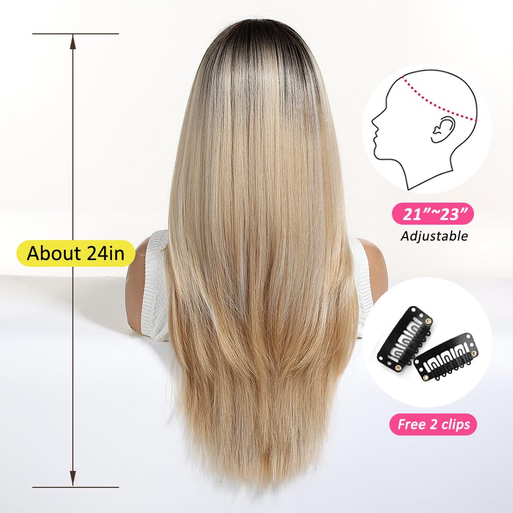 OUFEI Ombre Blonde Wigs for Women with Bangs Long Natural Straight Synthetic Hair Heat Resistant Wigs for Daily Party Cosplay Wear - Image 4