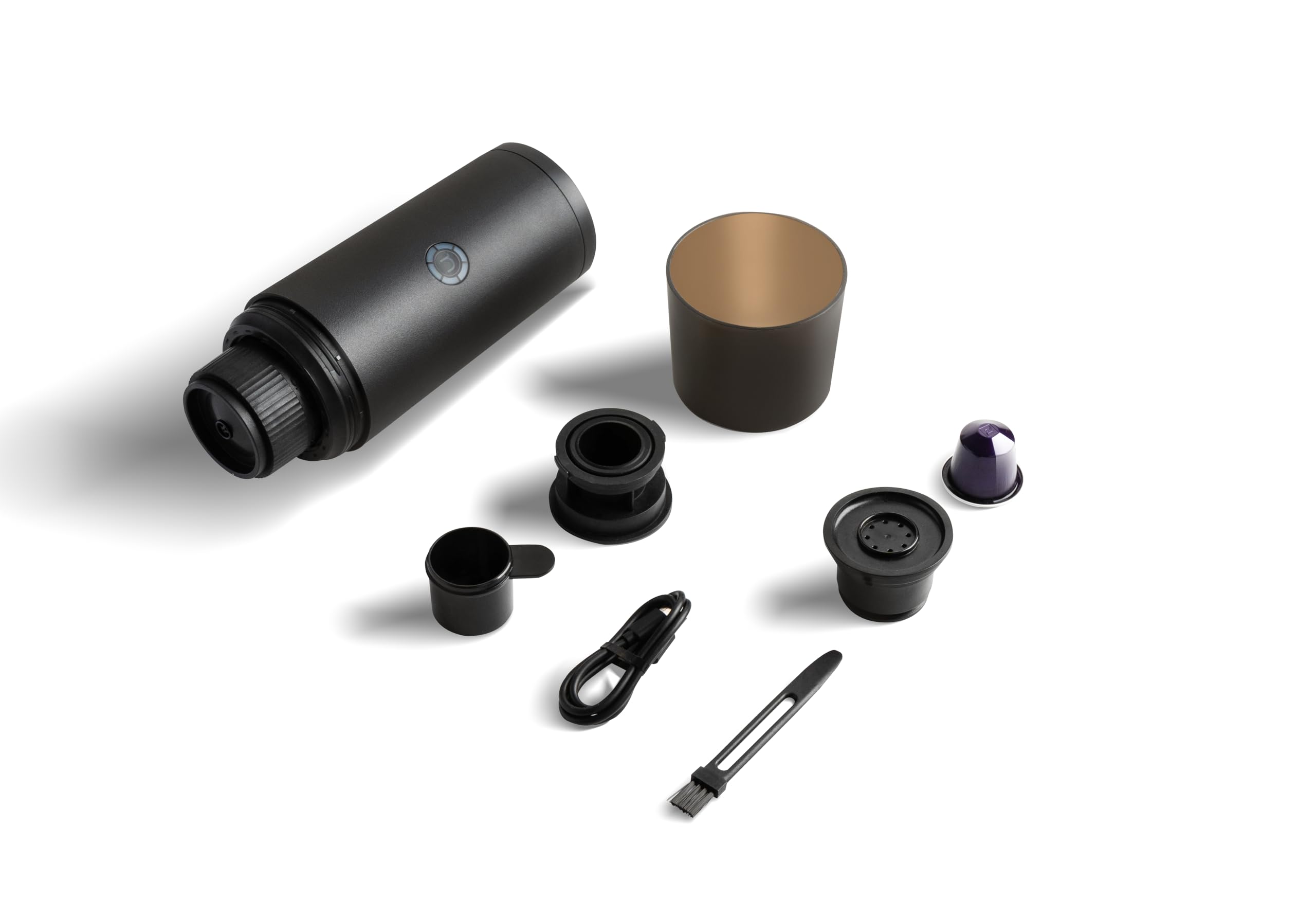 Prime Brew - Cafetera portátil con 20 bares de presión, depósito de 80 ml, preparación en frío y caliente, compatible con cápsulas Nespresso® y café en polvo, depósito de agua de acero