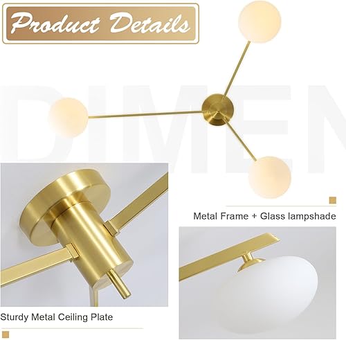 Miniatura 4 de Lámpara de techo Sputnik de montaje empotrado de 3 luces, lámpara de latón dorado moderna de mediados de siglo, iluminación de mesa de comedor