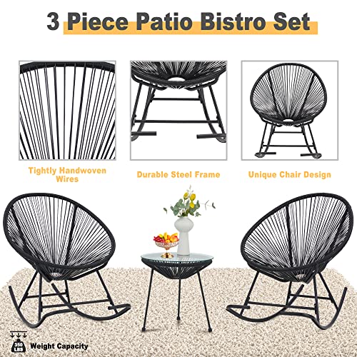Ecotouge 3-Piece Outdoor Acapulco Bistro Set Rattan, All-Weather Woven Rope Patio Conversation Bistro Set W/Glass Top Table And 2 Rocking Chairs, For Porch, Balcony, Garden, Living Room, Black #TOP1