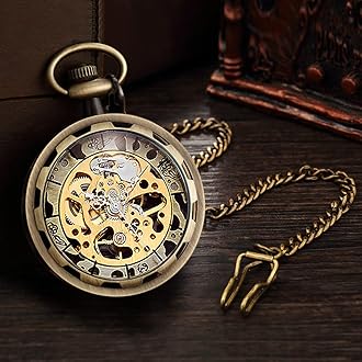 VIGOROSO Mens Classic Steampunk Pocket Watch with Chain Skeleton Hand Wind Mechanical Pocket Watches for Men & Women