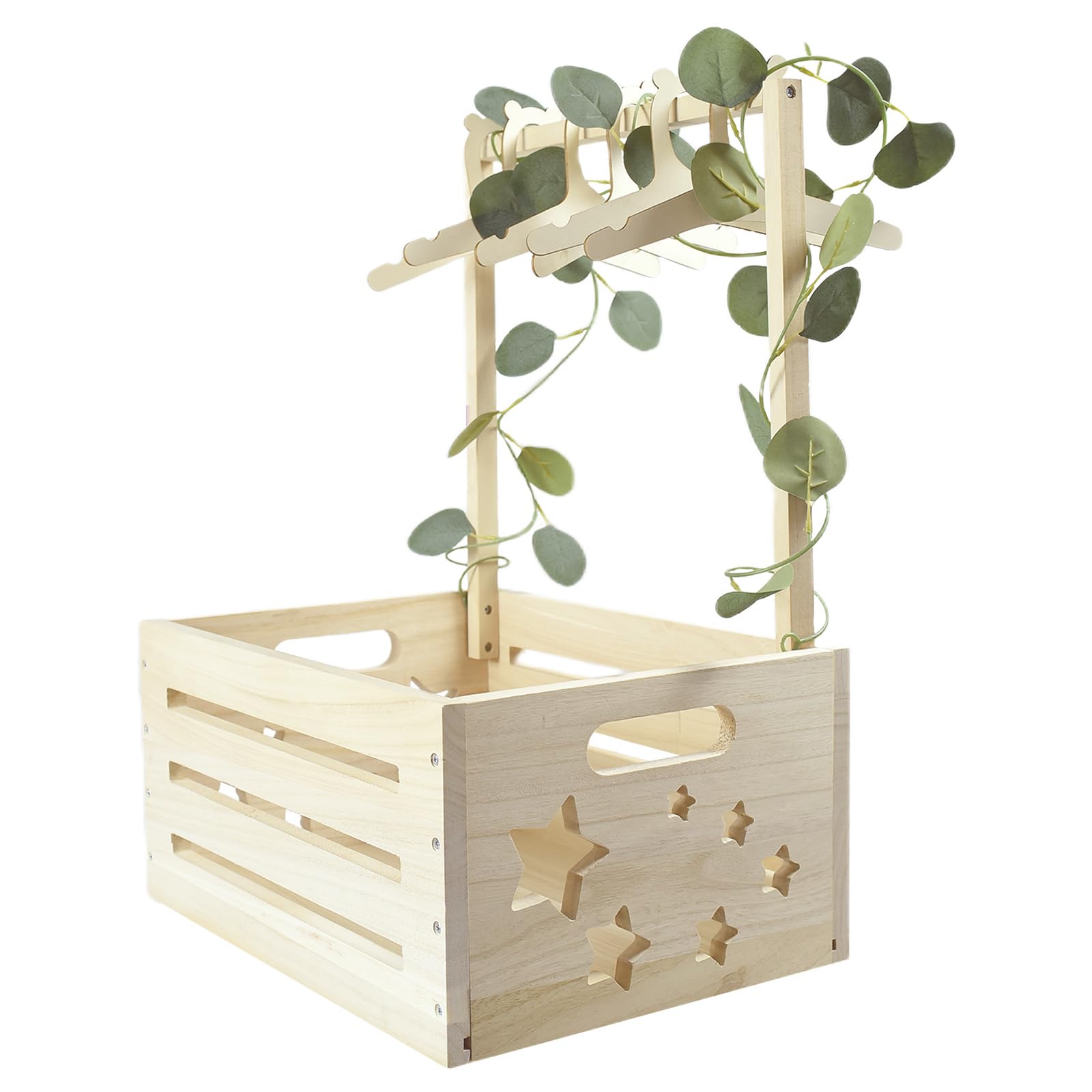 Mounting UP Wooden Baby Hamper Basket Crate Baby Shower Gifts Box Closet Storage With Handle & Clothes Rail & Eucalyptus Leaves Welcome Gift For Newborn Boys Girls Easy Assembly Natural Wood