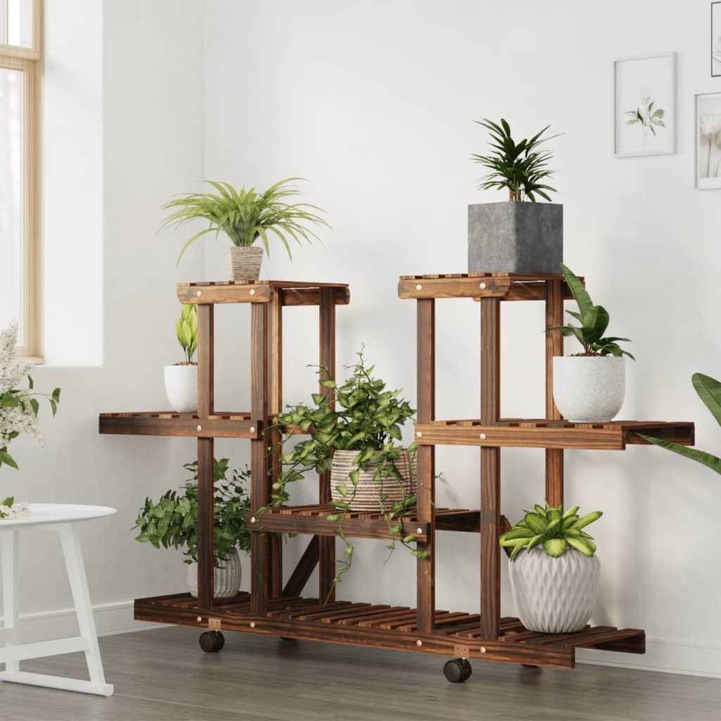 SYDE Supporto per fiori con ruote, in legno di abete, 110 x 25 x 78 cm | Carbonizzato artigianale, resistente all'umidità, ruote a 360 gradi, scaffale per piante e decorazione