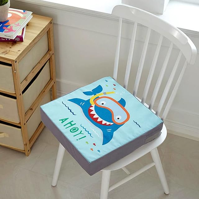 Chickwin Toddler Booster Seat for Dining Table Thick Increasing Washable Cushion with 2 Adjustable Straps Safety Buckle, Dismountable Portable Travel for Baby Child Kids (Blue Shark,35x35x7cm)
