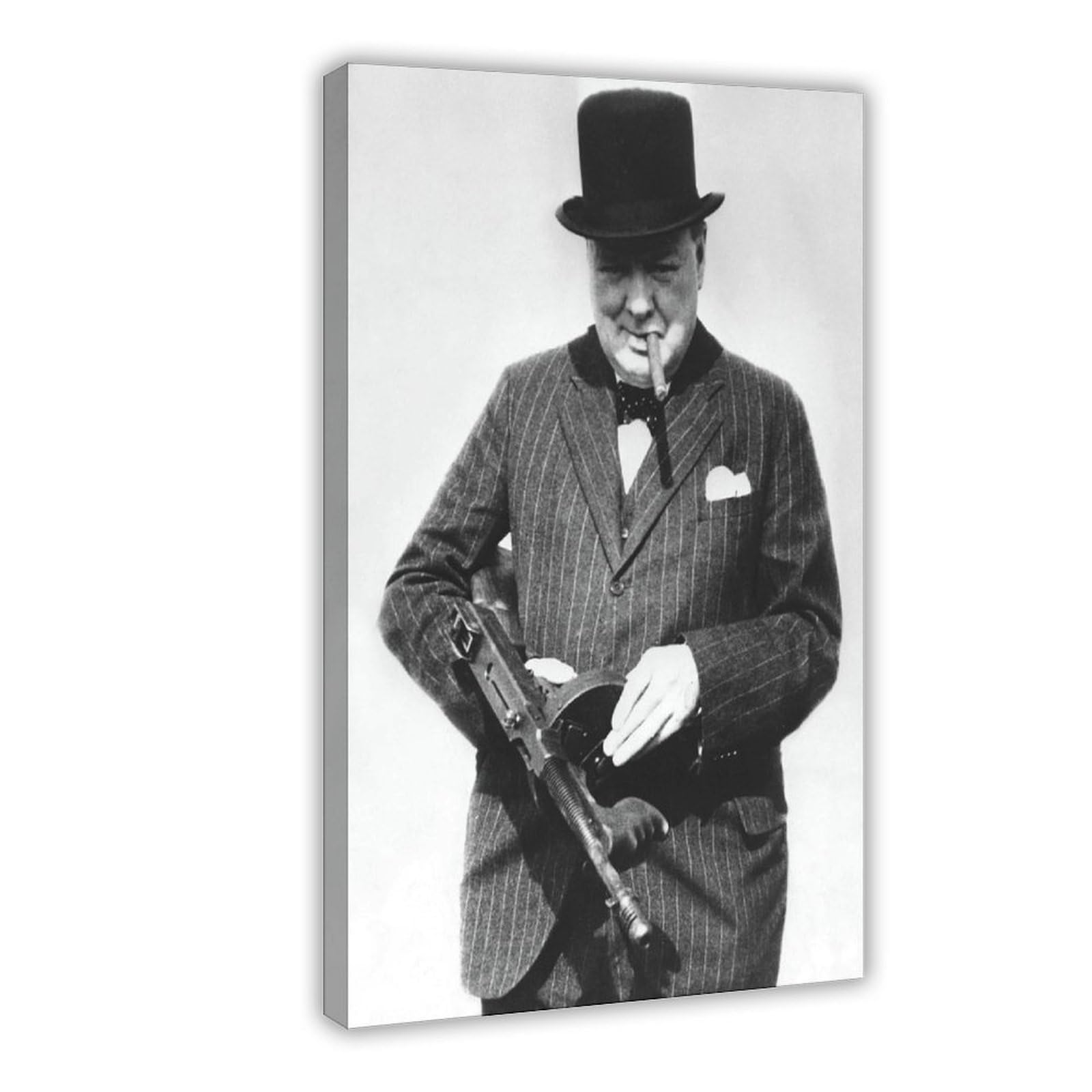 WCYB Winston Churchill With Tommy Gun Posters Prints Canvas Deco Paintings Wall Art Hangable Frame 24" L X 36" W