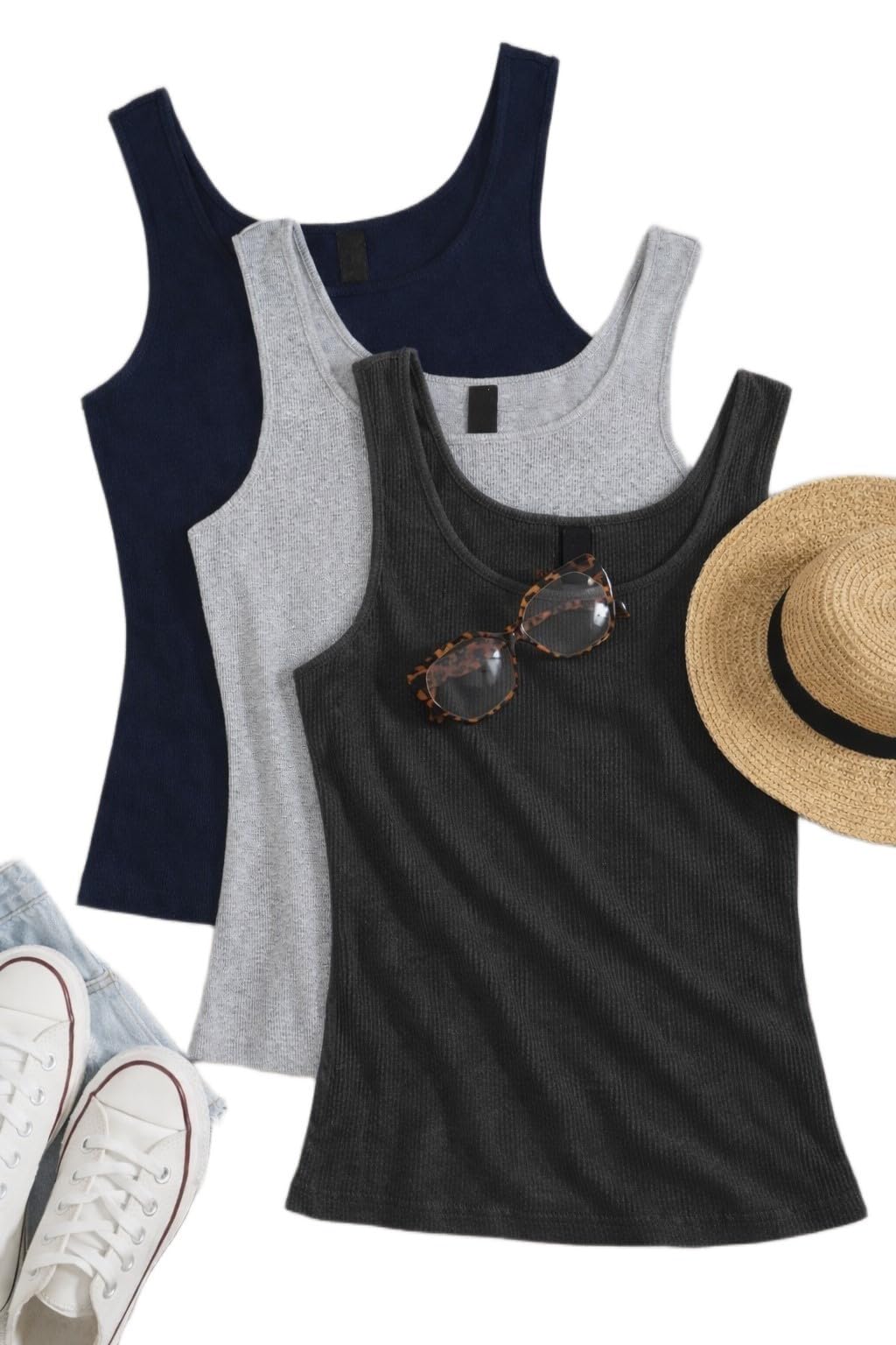 Women's 1x1 Rib Cotton Stretch Tank Top Sleeveless Basic Vest Pack of 3-picture-14