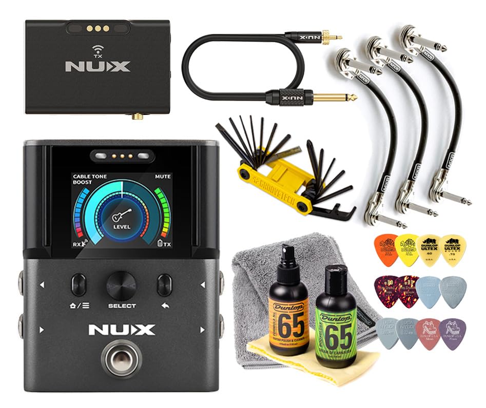 NUX B-8 Pro Level 2.4 Ghz Wireless System for Electric, Acoustic, Bass Guitar, Synthesizer and Various Instruments Tool, Patch Cable, Picks, Care Kit Bundle 48KHz 160 Ft Range