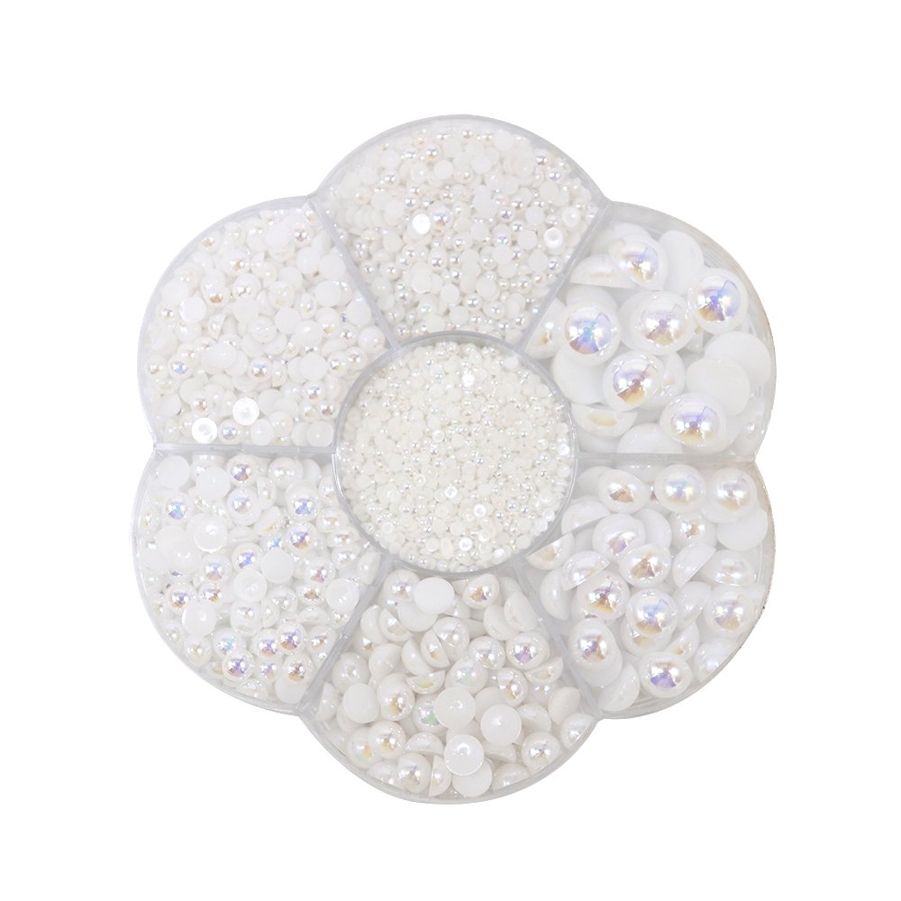 Approx 5600pcs Assorted 7 Sizes Half Round Flatback Pearl Beads DIY Craft Shoes Phone Nail Art Making Plastic Box (AB White)