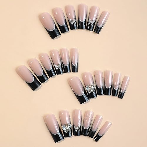 Miniatura 2 de Uñas acrílicas a presión, uñas postizas cuadradas largas, uñas postizas negras con purpurina plateada y diseños de mariposas, uñas artificiales