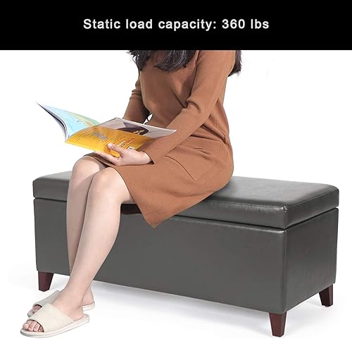 Miniatura 41 de Adeco Otomana de almacenamiento, banco tapizado rectangular de piel sintética con patas de madera, reposapiés, mesa de café para sala de estar,