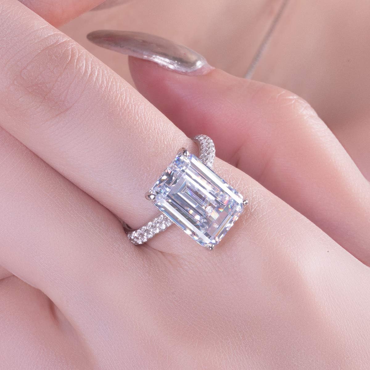AINUOSHI 6 Carats Emerald Cut Cubic Zirconia CZ Rhodium Plated/Rose Gold Sterling Silver Simulated Diamond Wedding Engagement Ring
