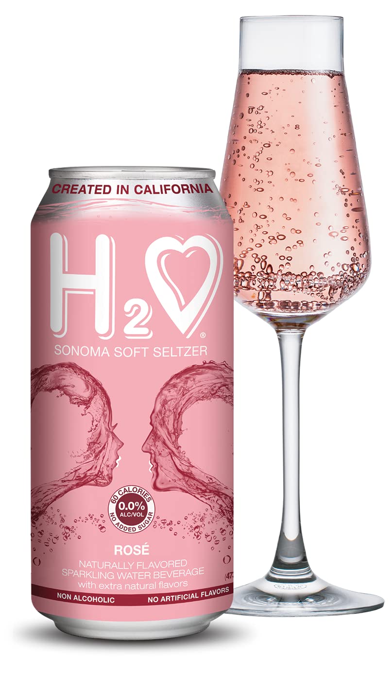H2o (Larger 1.5X size) California Non Alcoholic Wine - Infused Sparkling Refreshment, 0.0% Non-Alcoholic, (Rose, Pack of 1-12 Fl oz)