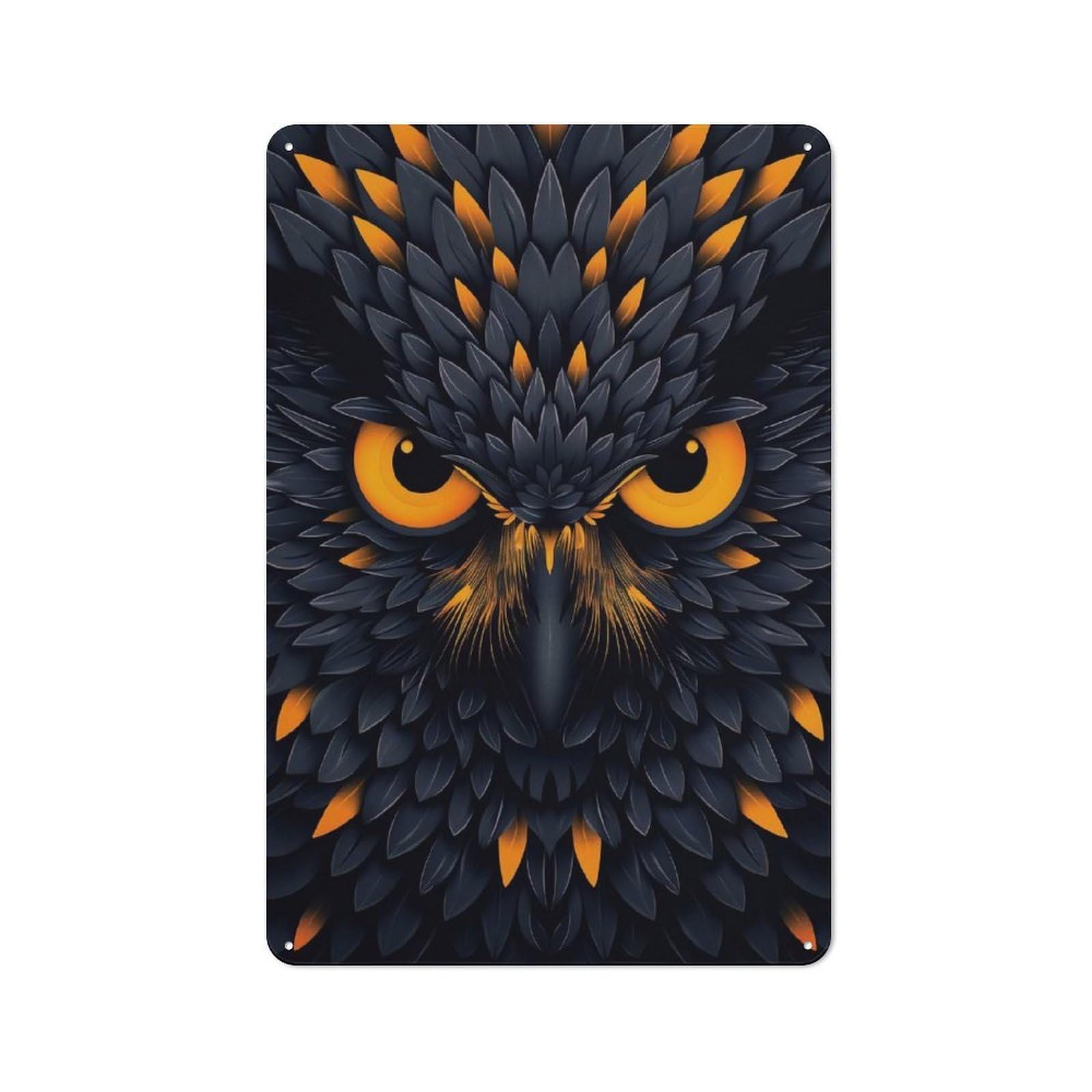 Junmoney Fierce Owl Vector Portrait With Glowing Orang E Eyes Industrial-Style Metal Plaque 30X20cm For Hallway Wall, A Winter Wall Decor Update For Hallway Decor Lovers