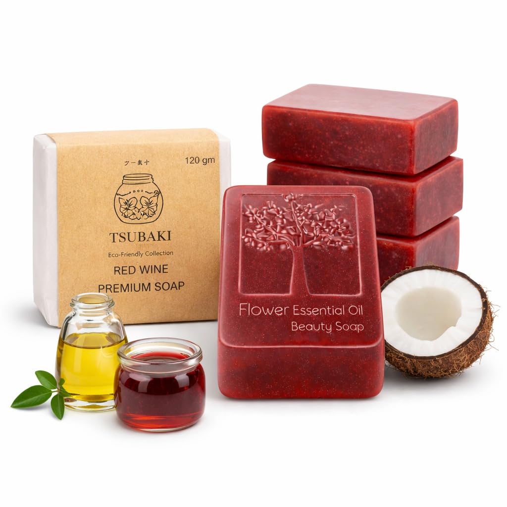 Tsubaki Natural Handmade Soap Set of 4 (120g Bars : Pick Honey , Loofah , Charcoal , Aloe Vera , Papaya , Red Wine , Neem Tulsi , Goat Milk , Shea Butter Variants) | EDTA SLS Paraben Free | Luxury Gift Pack for Glowing Skin For Men & Women (Red Wine Premium Soap)-image-40