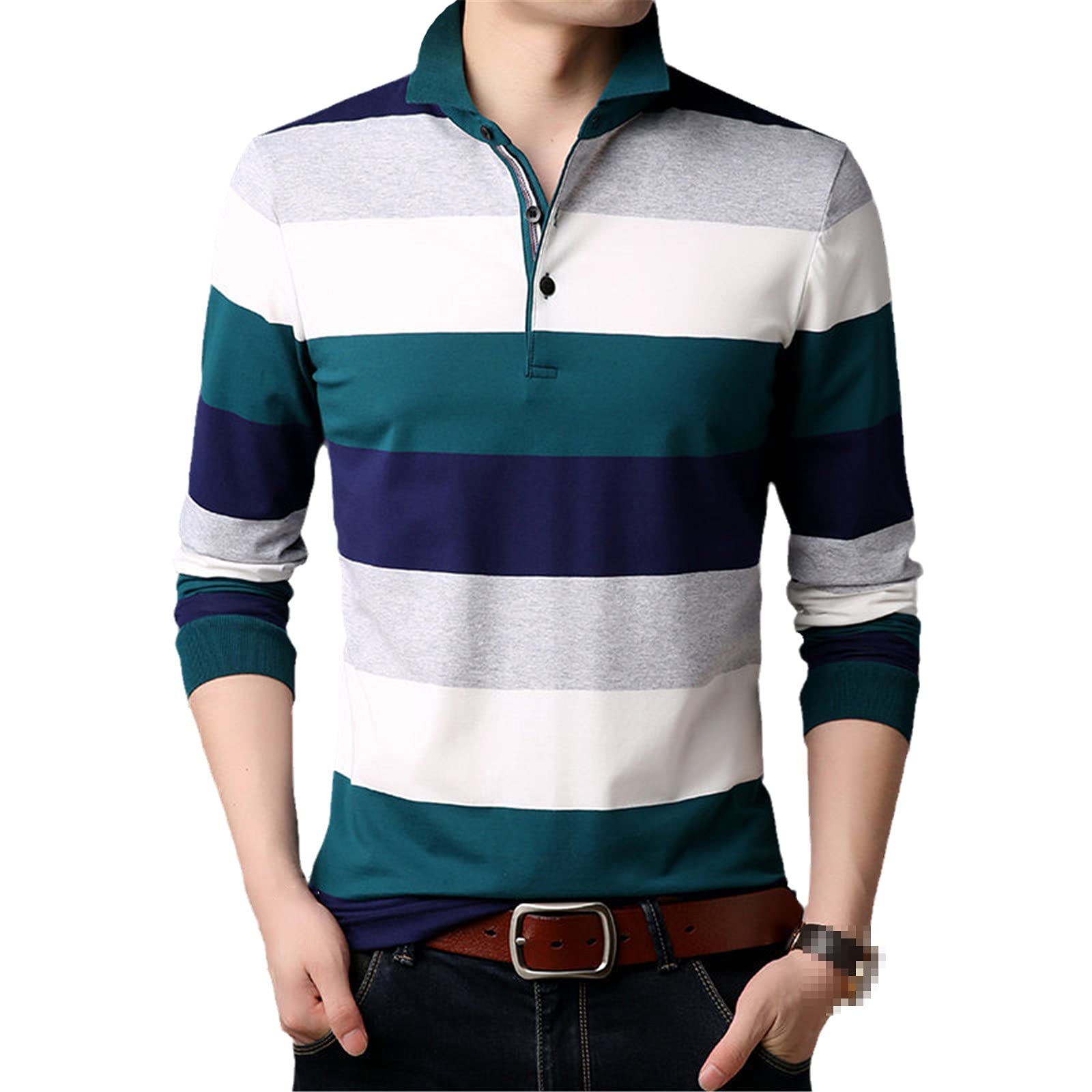 Manica Lunga T Shirt Uomo A Righe Casual Streetwear Tshirt Morbido Cotone Tee Shirt Homme Turn-Down Collare T-Shirt