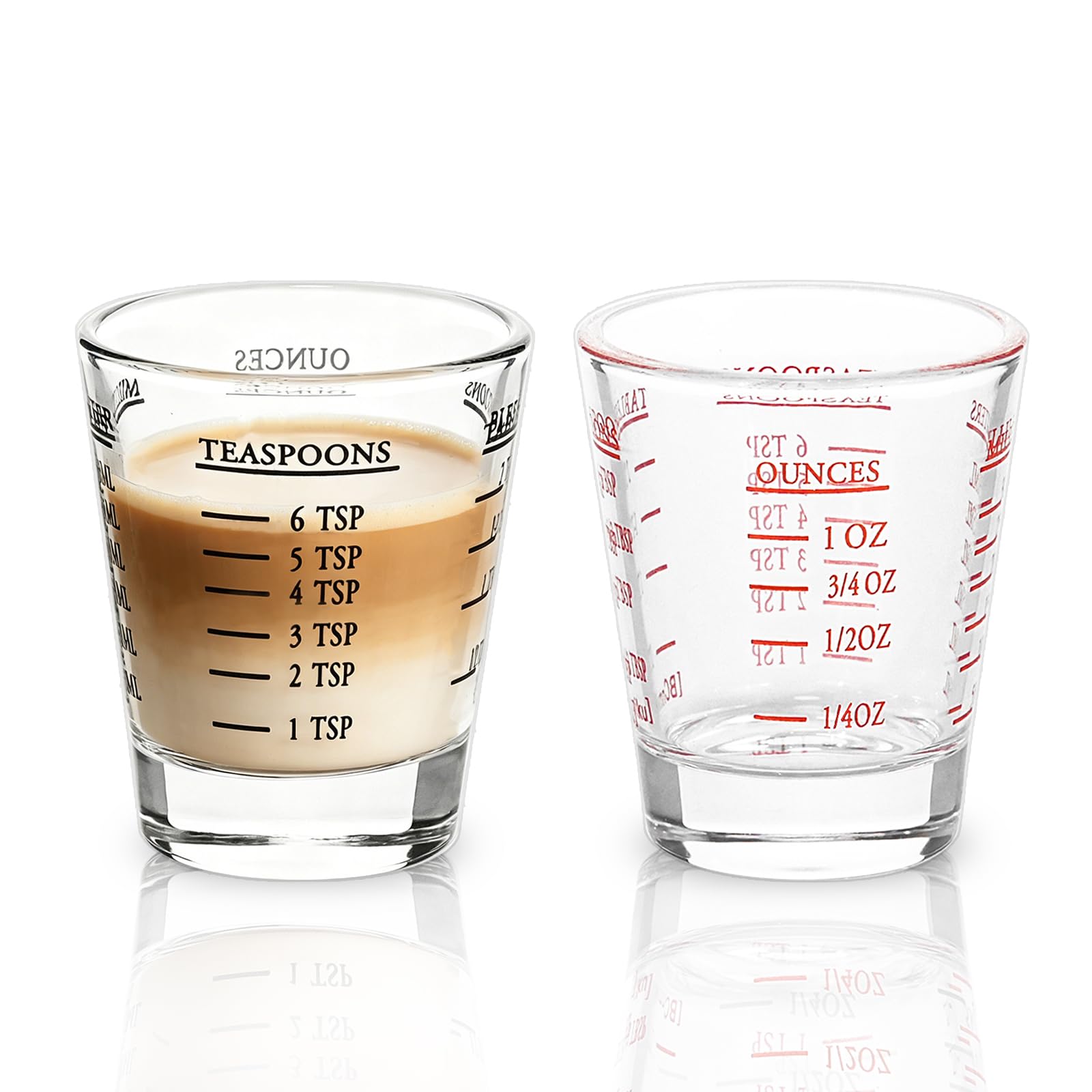 Shot Glasses Measuring Cup Espresso Shot Glass Liquid Heavy Glass Wine Glass 2 Pack 26-Incremental Measurement 1oz, 6 TSP, 2 TBS, 30ml (Black and Red)
