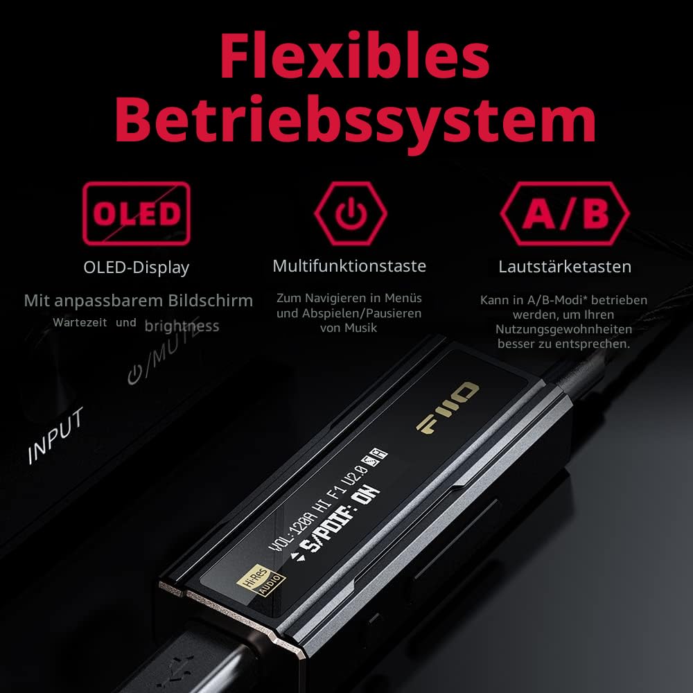 FiiO KA5 tragbarer DAC und Kopfhörerverstärker mit OLED-Display und 3,5mm sowie 4,4 mm symmetrischem Kopfhörerausgang