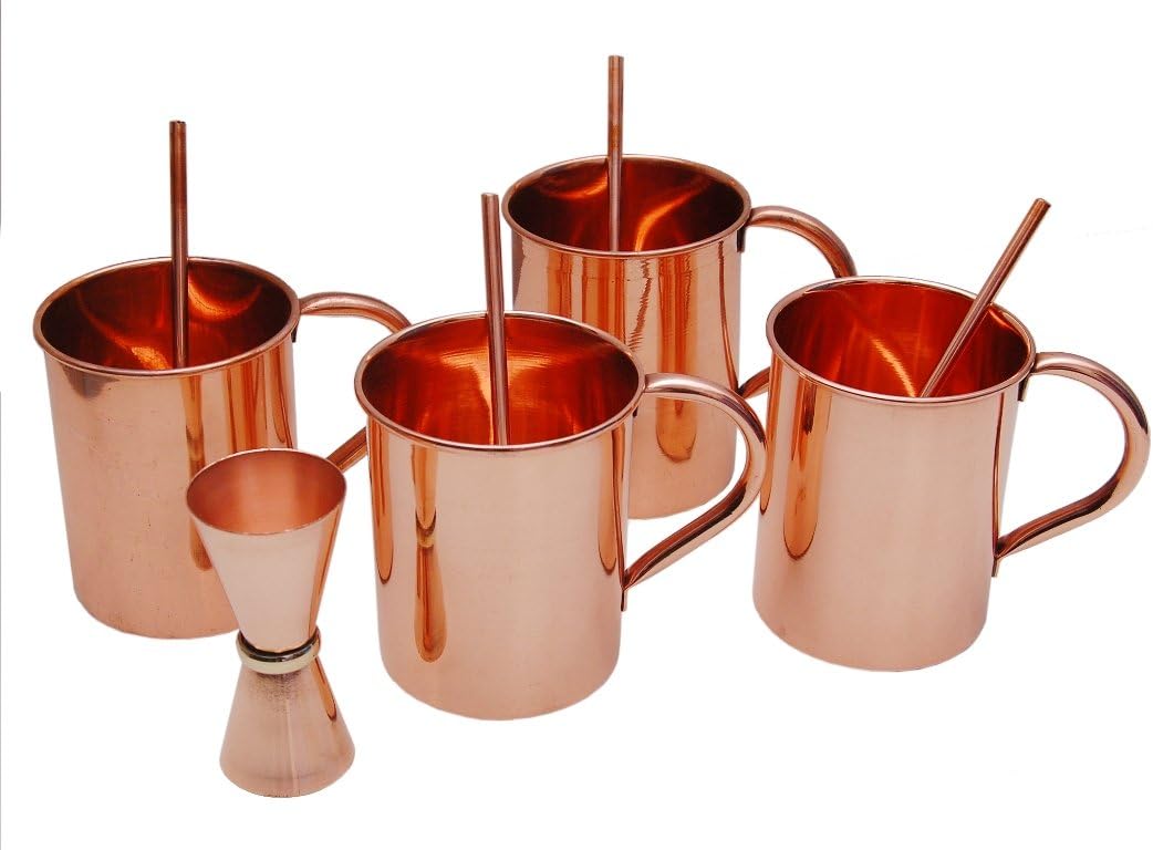 Moscow Mule Copper Mugs-100% Pure Handmade 16 OZ Plain Straight Pure Copper Mugs set of 4+4 Pure Copper Straws+1 Pure Copper Peg Measure