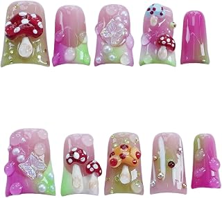 10pcs Handmade Press on Nails Medium Duck Curve Shape – 3D Floral Mushroom Jelly Shell Bow Cherry Chrome Bling Thick Reusable Fake Nails,Boho Y2K Aesthetic Accessories (mushroom, M)