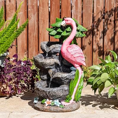 Glitzhome Outdoor Water Fountain, 4-Tiered Flamingo Outdoor Fountain with Lights, 23.5" H Polyresin Decorative Waterfall Feature Garden Fountain with Pump for Garden, Patio, Yard, Deck, Porch Decor