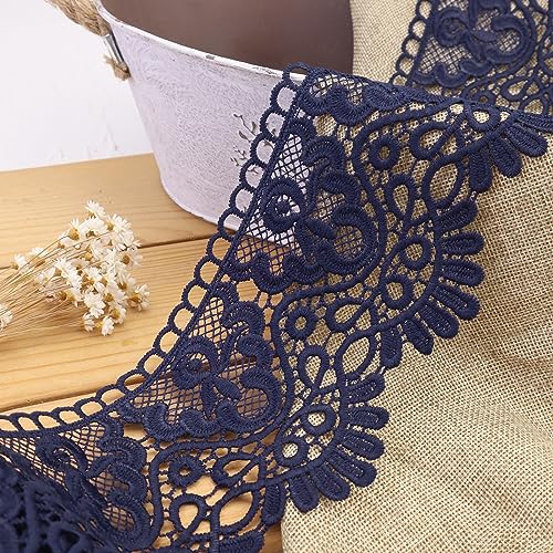 IDONGCAI Premium 4inch Wide Venice Lace Trim – Navy Floral Embroidered Edge for Wedding Decor, Bridal Gowns, DIY Sewing, Crafts & Home Accents