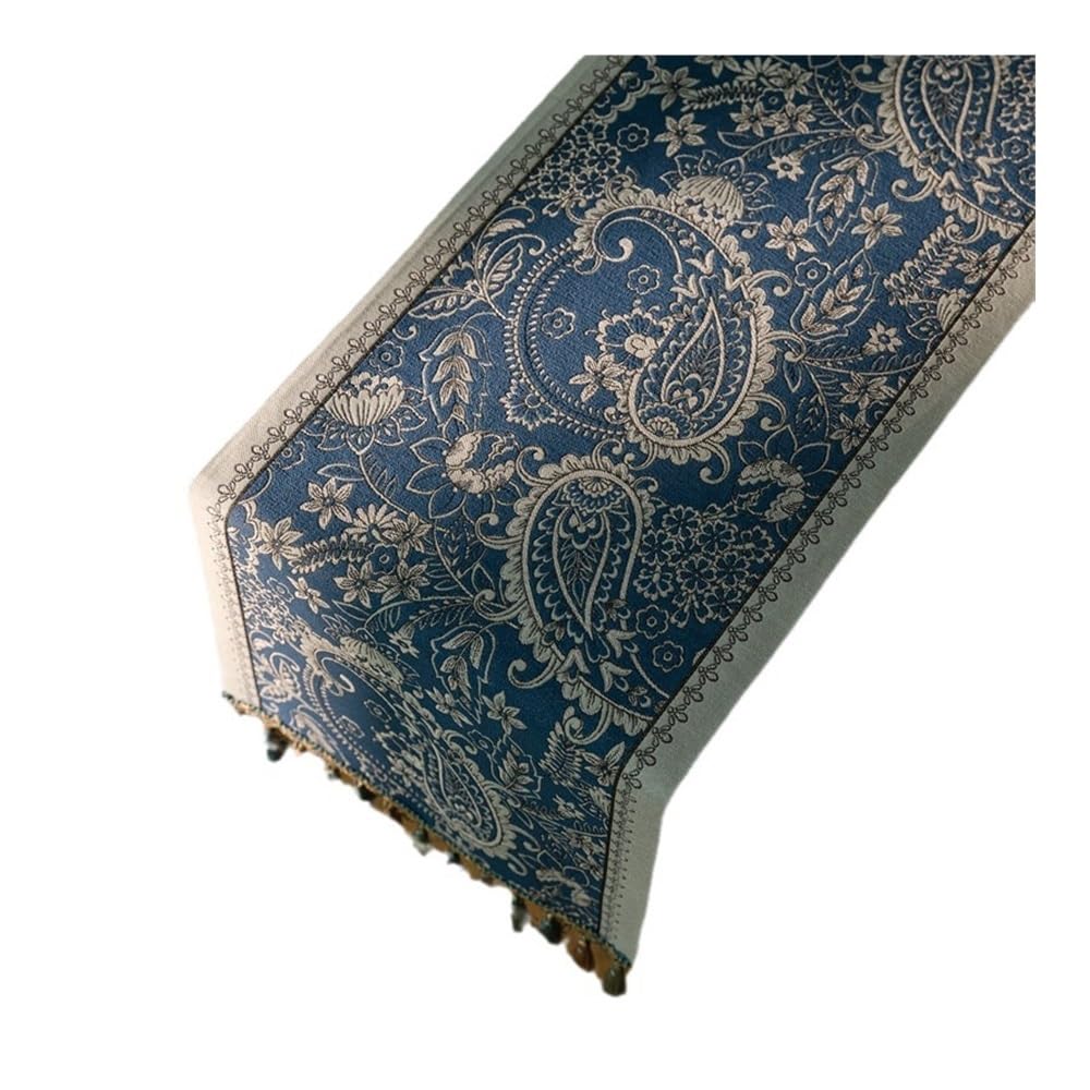 Drapeau de table vintage tissé jacquard, branche et fleur de vigne avec pampilles en polyester pour la maison, nappe de table, drapeau de lit, drapeau de queue de lit (bleu 2, 200)