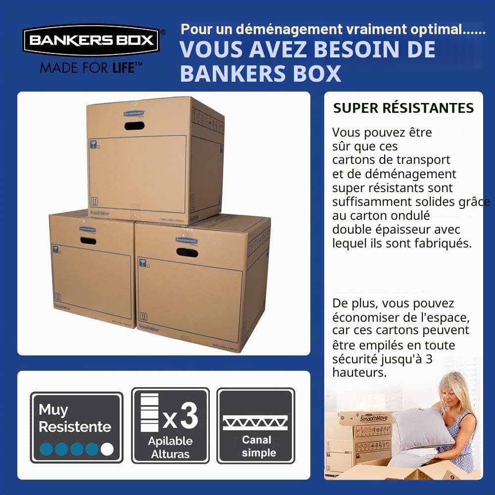 Bankers Box 6208301 Lot de 10 boîtes en carton de 43 x 30 x 25 cm avec poignées pour déménagements, rangement et transport Ultrarésistantes Canal double renforcé Taille M 32 litres