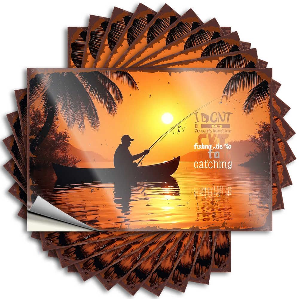 Fzfn Men's Colour Sunset Fishing Adventure: A Serene Journey On The Water Positive Decor - Sticker Water Removable Vinyl Decal(8X12cm)