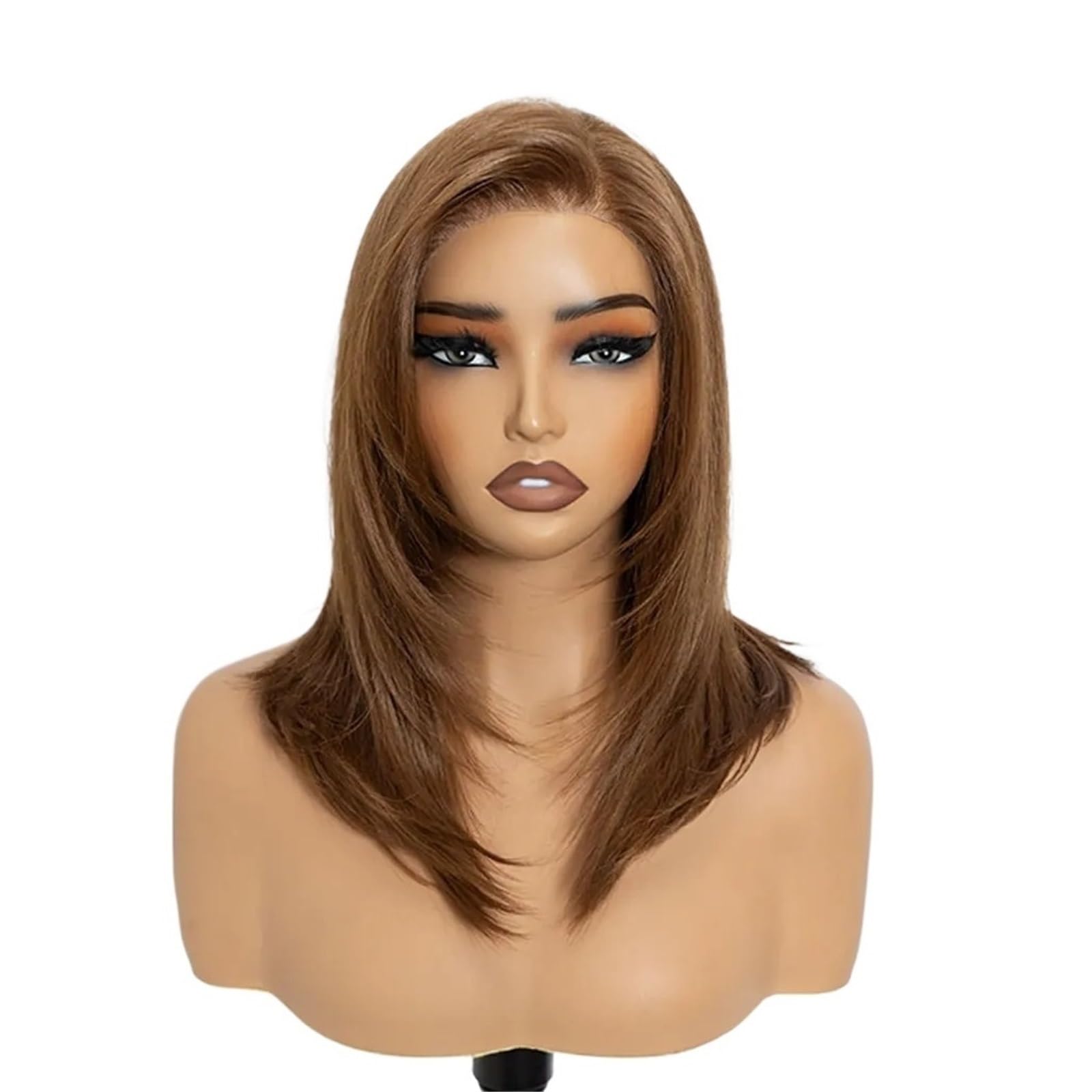 Pelucas de pelo Peluca frontal de encaje 13x3, raya libre, bob pre-depilado, 16", liso, en capas, ombré marrón