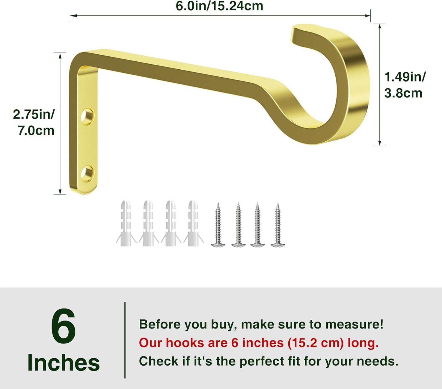 6 Inch 2 Pack Heavy Duty Outdoor Plant Hangers for Hanging Baskets, Iron Plant Brackets, Metal Plant Wall Hooks for Lantern, Bird Feeder, Wind Chimes, Gold