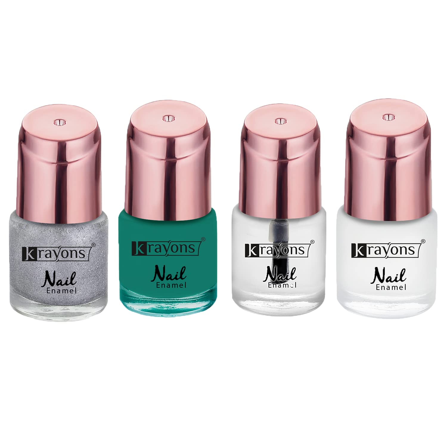 Krayons ColorMe Crazy Gel Nail Enamel, Waterproof, Quick Dry, 8ml Each, Combo (Pack of 4) (Silver Glitter, Diamond Green, Top Coat, White Snow)