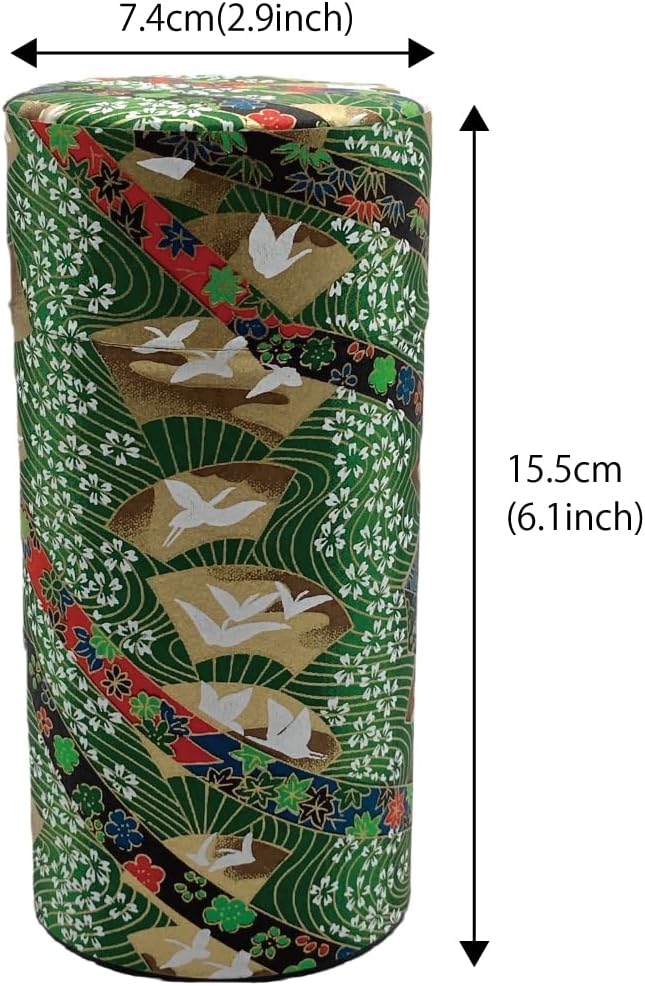 野口熊太郎茶園 Japanese Tea Canister Tin Crane on a Fan Green/Double Lid/Japanese YUZEN Washi Paper Pasted /200g Tea Capacity/Loose Leaf Tea Storage/Storage Container with Lid