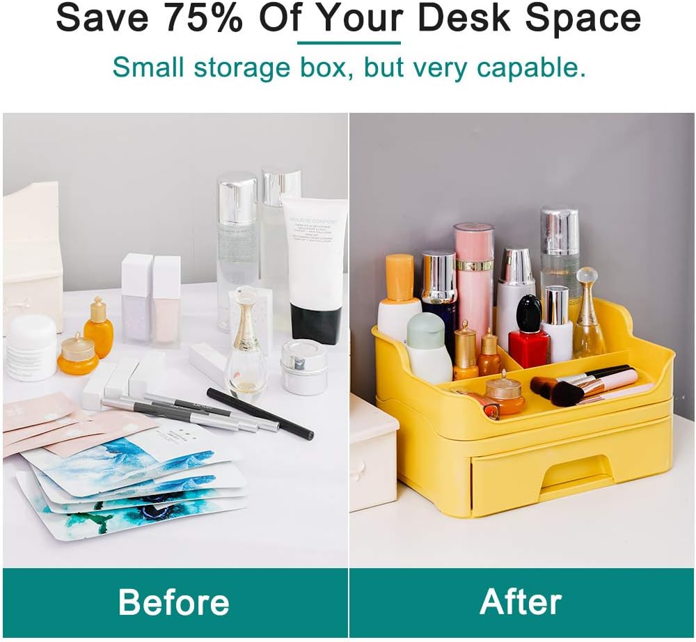 BAOYOUNI Makeup Organizer Vanity Cosmetic Display Case Countertop Dresser Jewelry Storage Box Holder Plastic Container, 3 Top Compartments & 1 Drawer : Beauty & Personal Care