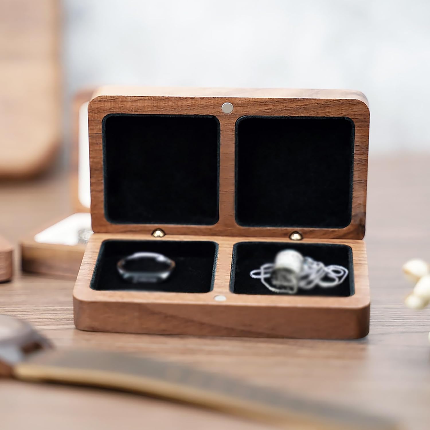 Ring Box Black Walnut Ring Necklace Earring Storage Box Double Square Solid Wood Wrapped Solid Wood Box for Proposal, Wedding(Black)