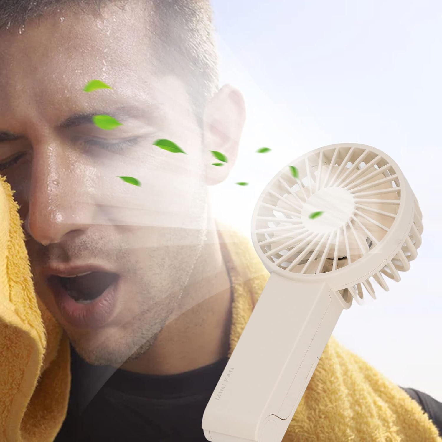 KLUFO Mini Handheld Fan, 3 Speed Rechargeable ABS Hanging Foldable Handheld Fan for Office (Beige)