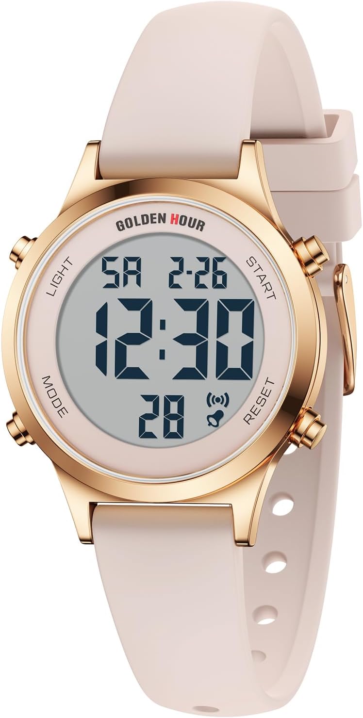 GOLDEN HOUR Waterproof Women's Digital Sports Watches with Silicone Strap, Alarm Calendar Stopwatch Chronograph 32mm Rose Gold Case