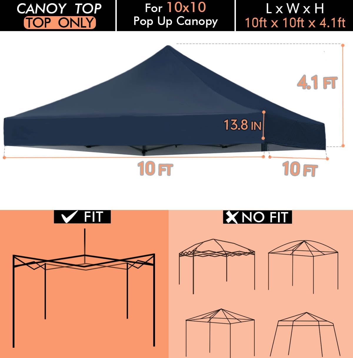 ONTHEWAY 10' x 10' Replacement Canopy Top for Pop Up Tent, Heavy Duty Waterproof Fabric with UV Protection, Instant Canopy Top Cover ONLY