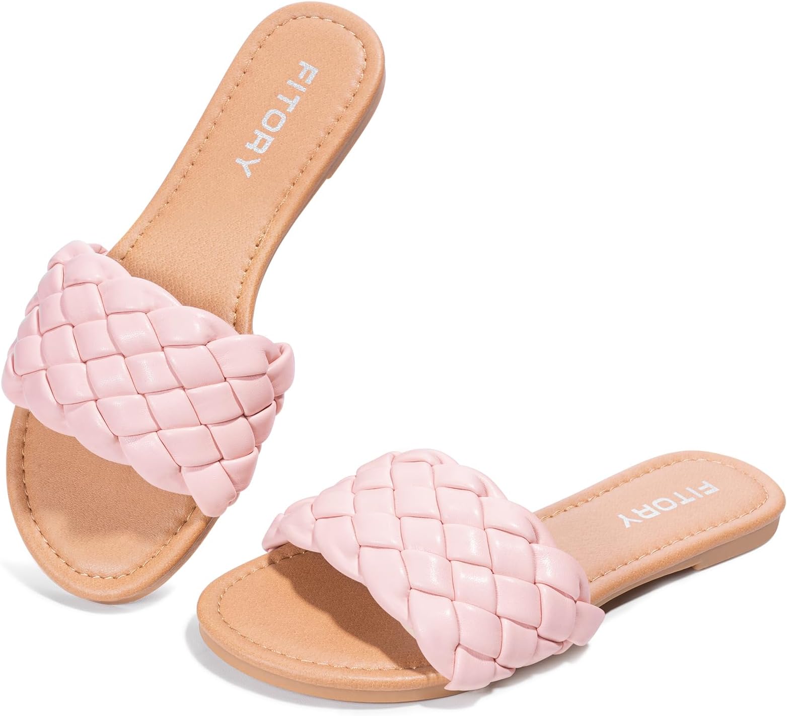 FITORY Womens Flat Sandals Fashion Round Open Toe Slip On Slides with Braided Strap Slippers for Summer Size 6-11