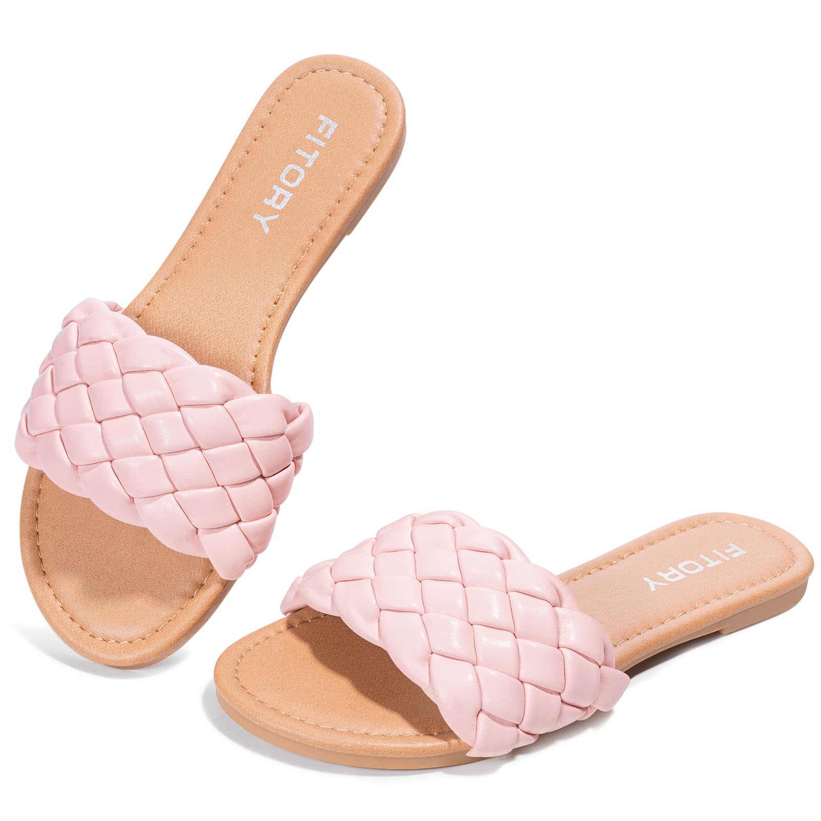 FITORY Womens Flat Sandals Fashion Round Open Toe Slip On Slides with Braided Strap Slippers for Summer Size 6-11