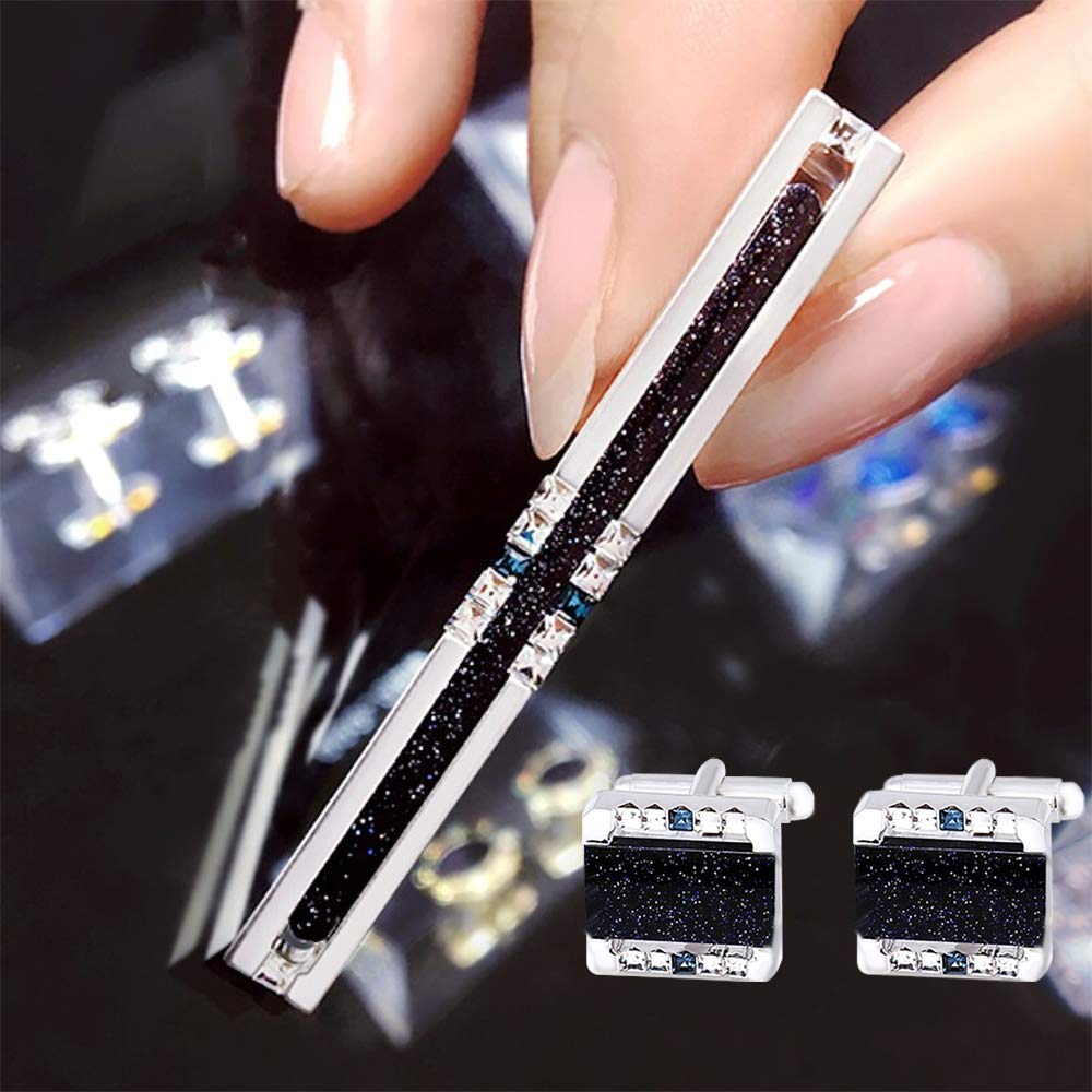 Shinning Galaxy Stone Manschettenknöpfe und Krawattenklammer-Set mit Geschenkbox und Grußkarte, Strip Galaxy Dark Blue Manschettenknöpfe und Krawattenklammer-Geschenkset für Herren