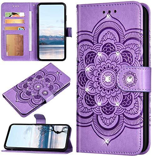 Robinsoni Case Compatible with Nokia 7.2 Shiny Case Sparkle Glitter PU Leather Wallet Cover Lavish Bling Diamond Embossed Mandala Printed Book Case Folio Flip Kickstand Glossy Magnetic Case Purple