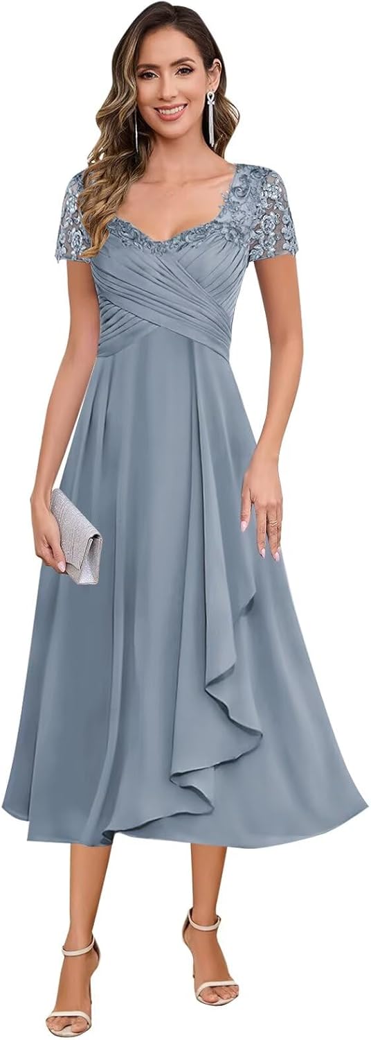 Elegant Short Sleeve Mother of The Bride Dresses Petite for Women Chiffon Beaded A-Line Tea Length Formal Gown