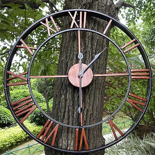 Reloj de pared para exteriores de hierro forjado impermeable con esqueleto y números romanos 3