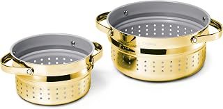 Small & Large Steamer Set – Made with Handles - Non Stick, Non Toxic Coating - Steam Veggies, Seafood, and More - Compatible With Our Dutch Oven or Sauce Pan – 3qt & 6.5qt - Gold