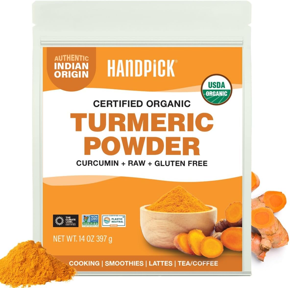 HANDPICK Organic Turmeric Powder with Curcumin (397g/14oz) | Authentic Indian Origin | Gluten Free | Made from Turmeric Root (Packaging may vary)