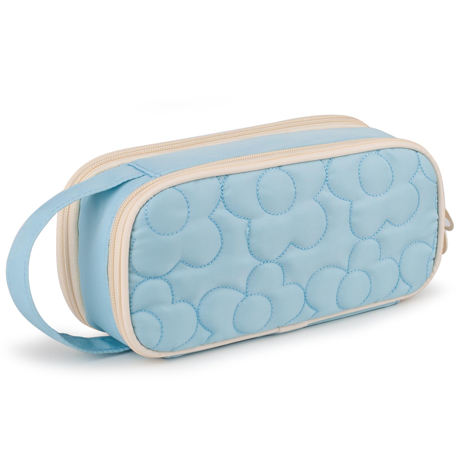 Bunnychic Pencil Case for Girls,Flower Quilted Large Capacity Pencil Pouch with 2 Compartment, Zipper Pencil Bag with Handle, Women Soft Pencil Box for Middle School Office College