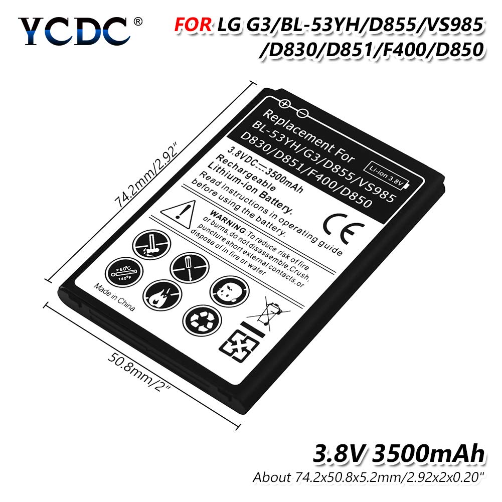 YCDC 3.8V BL-53YH BL53 YH Battery 3500mAh High Capacity for LG G3 D855 VS985 D830，Smart Phone 3.8V 3500mAh Battery BL-53YH BL53YH for LG G3 D855 D852 LS990 F400