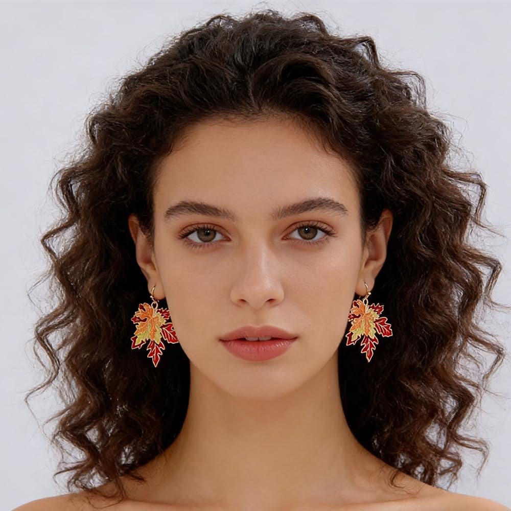 Vintage Maple Leaf Dangle Earrings for Women Gold Tone Elegant Unique Enamel Hammered Autumn Fall Statement Charms Hook Dangling Earring Season Plant Festive Holiday Jewelry - Image 2