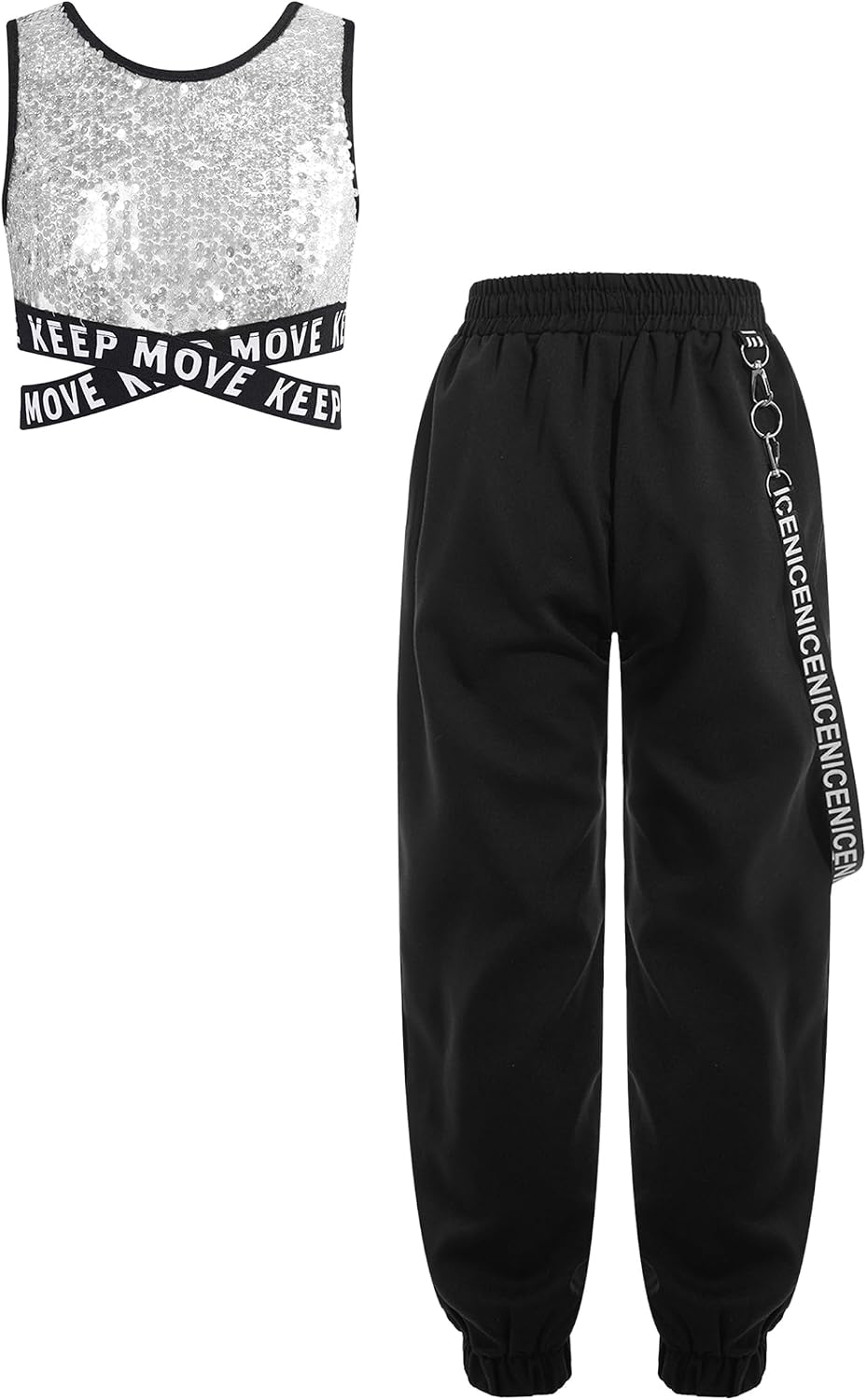 Kids Girls Tracksuit Sequins Ballet Dance Crop Top with Chain Jogger Cargo Pants Modern Hip Hop Jazz Dancewear